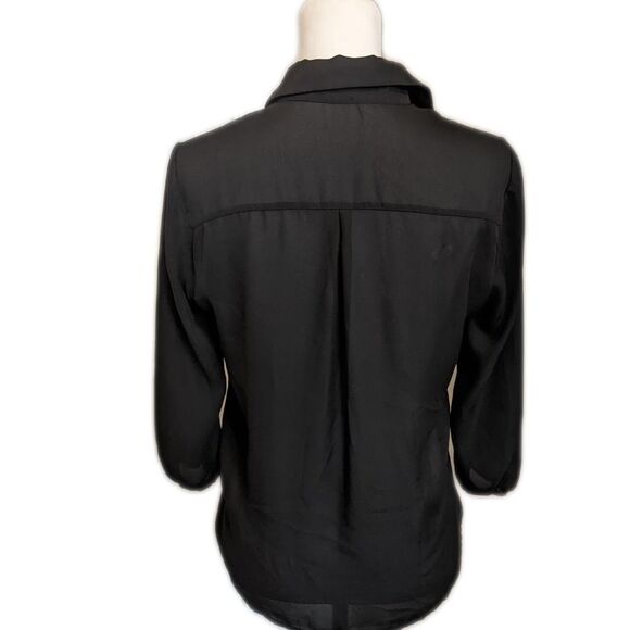 Soprano black sheer polyester button up shirt, 3/4 sleeves, lace front S - Picture 2 of 5